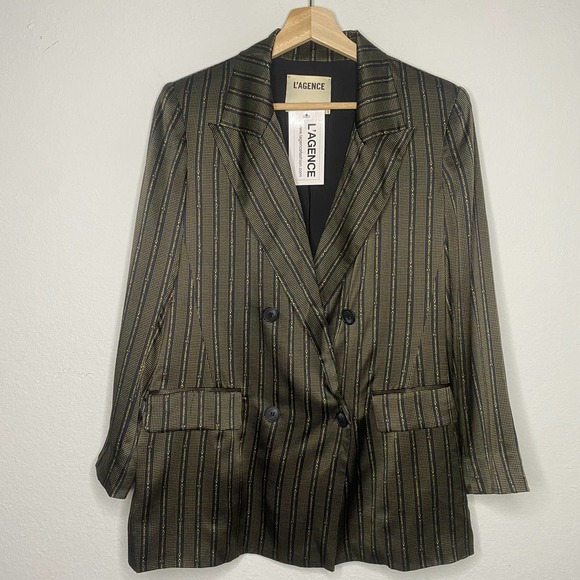 L'AGENCE Jackets & Blazers - L’AGENCE 100% Silk Navy Gold Stripe Chain Print Blazer NWT